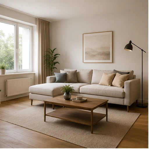 Rent og lunt hjem med sofa, tregulv og ryddige flater